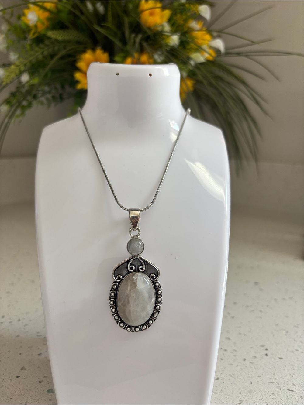 Sterling Silver Oval Rainbow Moonstone Gemstone Pendant Necklace